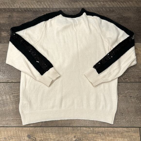 1.STATE Sequin Sleeve Stripe Cotton Blend Crewneck Sweater Cream Size L - Picture 4 of 11